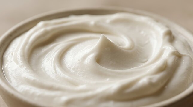 Close-up of Smooth White Creamy Swirl in a Bowl, Perfect Texture for Yogurt, Sour Cream, or Dessert Topping