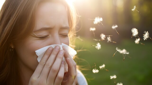 Young woman with red hair sneezes outdoors, surrounded by floating dandelion seeds and sunlight.