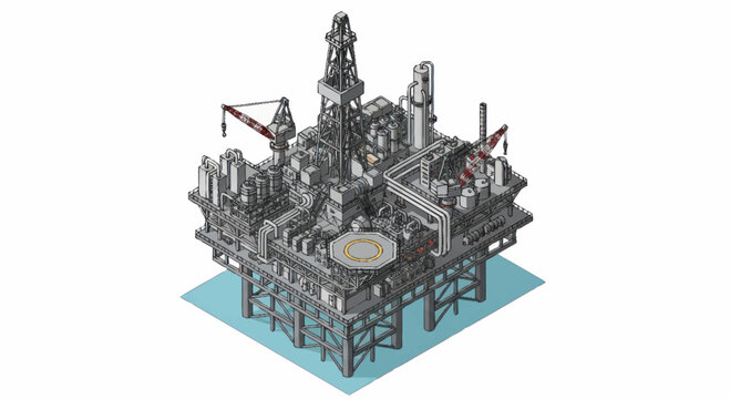 Offshore oil rig platform complex industrial structure illustration.