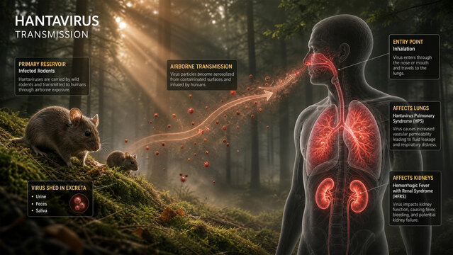 Hantavirus transmission from infected rodents to humans illustrating airborne spread and organ effects