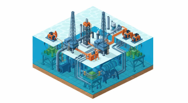 Offshore oil rig platform complex in blue water isometric view.
