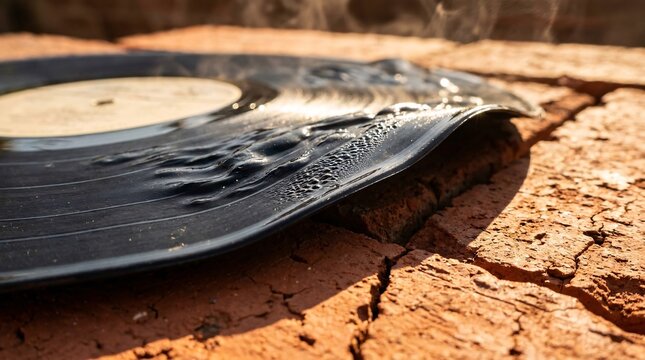 A melting warped vinyl record on cracked dry soil, a conceptual visual pun illustrating record-breaking temperatures, extreme heatwaves, and global warming