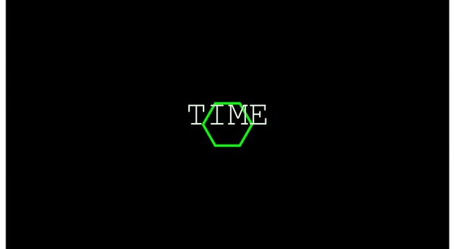 Minimalist time text animation with pulsing green hexagon frame animation