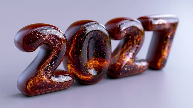 Die Zahl 2027 ist als dreidimensionaler, gl&auml;nzend brauner Schriftzug mit goldenen Akzenten auf wei&szlig;em Hintergrund dargestellt.