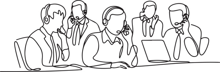 Obraz premium One continuous line drawing group of male and female telemarketing team members calling new customers to offer new product.one line Art icon drawing vector