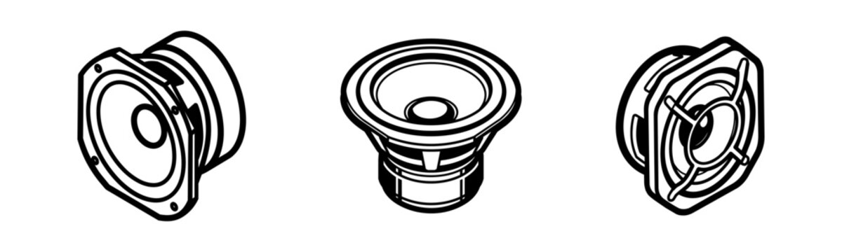 Audio Speaker and Subwoofer Icon Set - Professional Sound Equipment Line Art