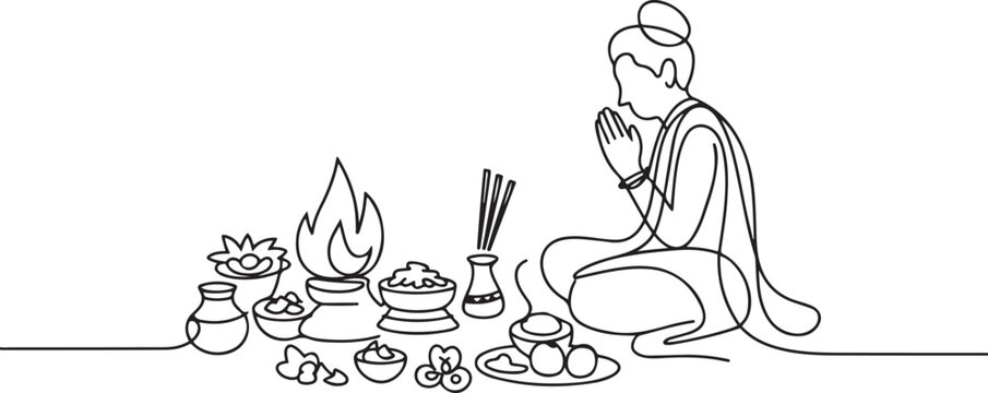 Sketch drawing cartoon clipart of Shradh Puja: Honoring Ancestors with Rituals Offerings, Pitru Paksha Rituals, Shradh Puja, Hindu Ancestral Rituals. one line Icon drawing