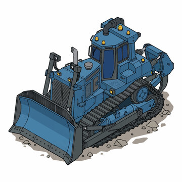 Blue bulldozer construction vehicle with large blade and tracks.