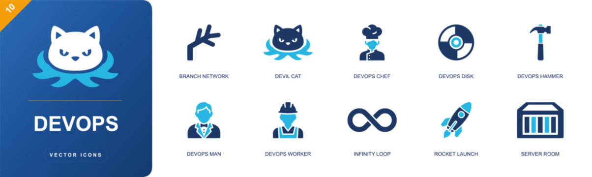 DevOps icon set. Containing branch network, cat mascot, automation chef, server disk, hammer tool, engineer, infinity loop, rocket launch, server room and more. Solid fill vector icons.
