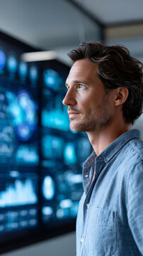 Confident young businessman in a modern office stands in front of large digital screens displaying data analytics and futuristic graphs. He looks thoughtfully at the high tech dashboard