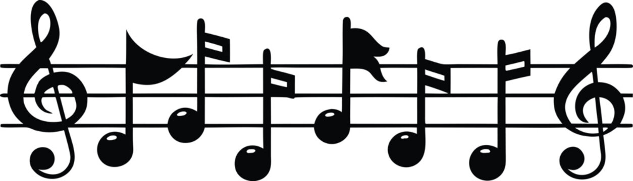 A minimalist illustration displays a musical staff with a treble clef and various musical notes, showcasing a simple yet elegant representation of music