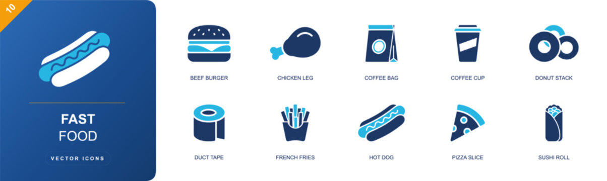 Fast food restaurant icon set. Containing beef burger, chicken leg, coffee bag, coffee cup, donut stack, french fries, hot dog, pizza slice, sushi roll and more. Solid fill vector icons.