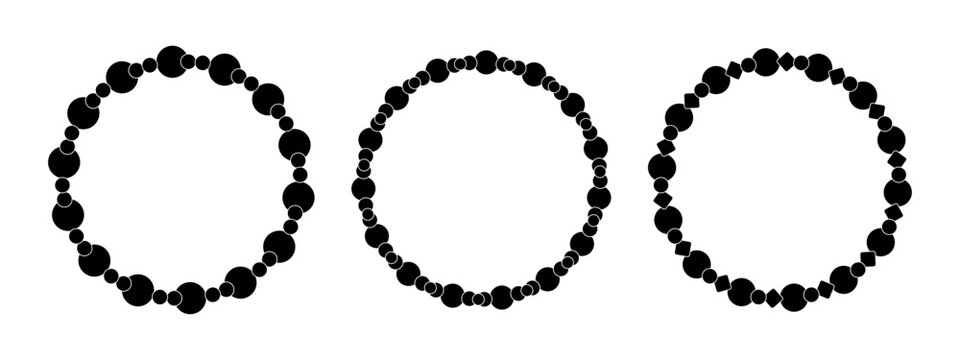 Black beaded circle frames set. Round bracelets with varied bead sizes forming ring shapes. Jewelry chain pattern. Boho logo, friendship bracelet design, decorative frame element. Vector silhouette.