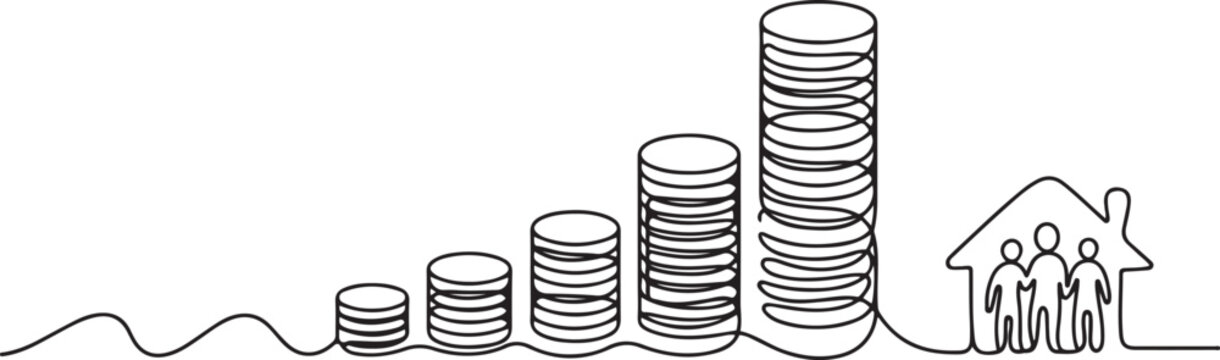 Single continuous line drawing step of coins stacks, money, saving and investment or family planning. Concept for return money saving and investment.one line Art icon drawing vector
