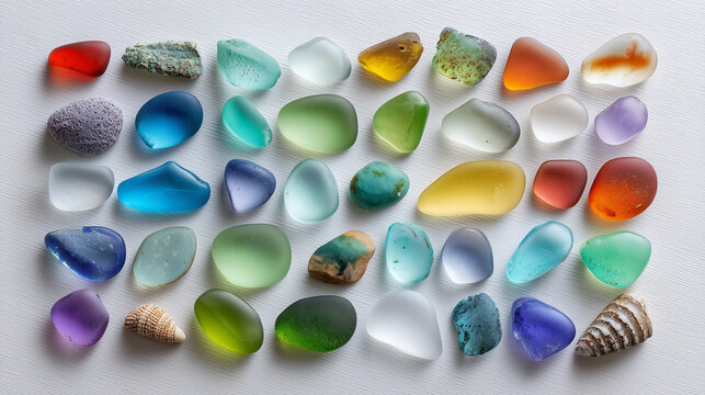 Colorful Sea Glass and Shells Collection on White Background