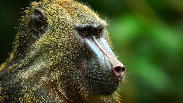 Close-up of a mandrill's face, showcasing vibrant colors and detail