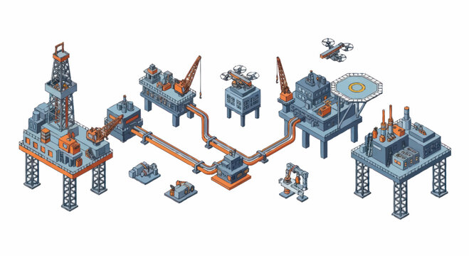 Offshore oil rig platform complex with connecting pipes and helicopter pad.