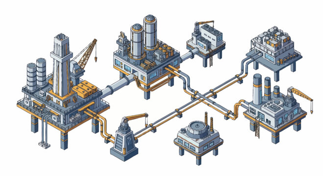 Offshore oil and gas platform complex with pipelines and pumps.