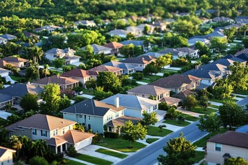 Obraz premium Aerial view of suburban neighborhood with modern singlefamily homes and green lawns