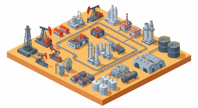 Oil industry infrastructure isometric illustration with pumpjacks and refineries.