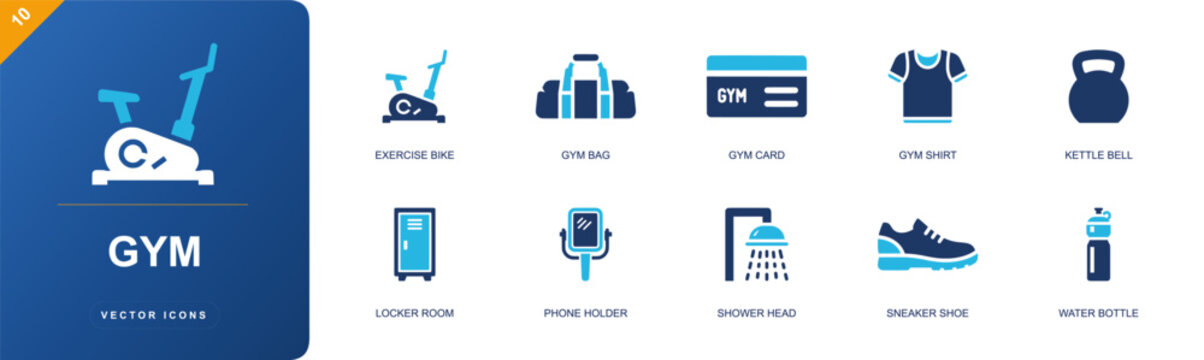 Gym icon set containing exercise bike, gym bag, gym card, gym shirt, kettlebell, locker room, phone holder, shower head, sneaker shoe, water bottle and more, solid fill vector icons.