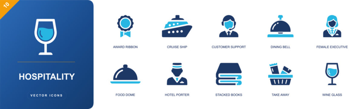 Hospitality icon set. Containing cruise ship, customer support, dining bell, hotel porter, food dome, wine glass, award ribbon, take away, stacked books and more. Solid fill vector icons.