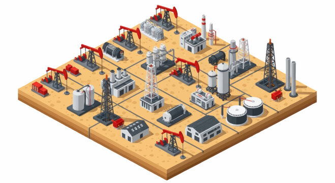 Oil industry complex with pump jacks and refineries isometric view.