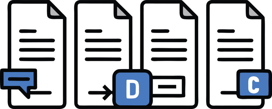 A set of four minimalist document icons on a white background, representing different stages of document processing and data management