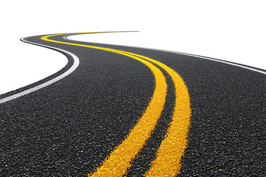 Curving asphalt road with double yellow lines isolated on transparent background. A long winding asphalt road with double yellow lines curves into the distance isolated on white background.