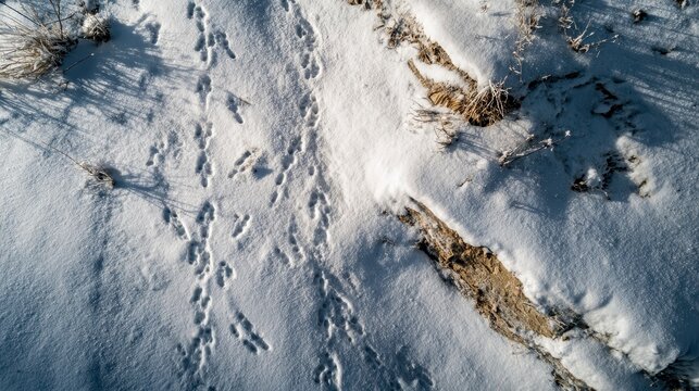 Bird tracks etched across a snow-covered landscape, leading towards a sunlit, sandy embankment