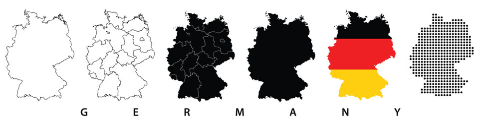 Obraz premium Germany Map Set Collection with Administrative Borders, Black Silhouette, Flag Map and Halftone Vector Illustration