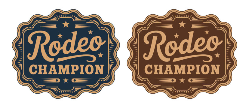 Rodeo champion cowboy belt buckle emblem featuring bull rider medal ornate typography and western inspired vintage vector illustration design