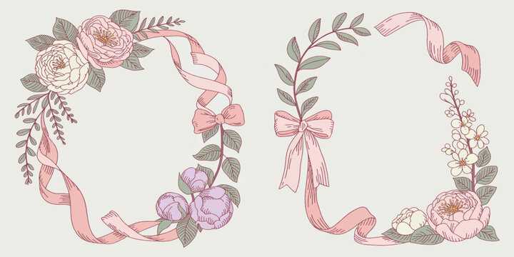 Elegant Watercolor Floral Frame Collection &ndash; Romantic Botanical Borders with Roses, Ribbon Bows, and Decorative Leaves for Wedding Invitations and Greeting Cards