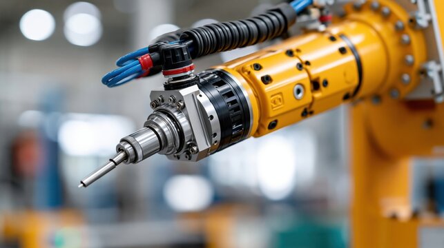 Close-up of a yellow industrial robotic arm with a precision end effector