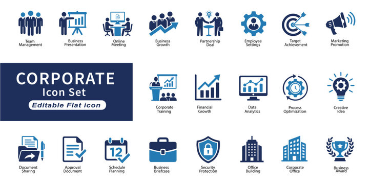 Corporate Business Icon Set Vector Collection | Office Management, Finance, Teamwork & Marketing Icons