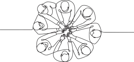 One single line drawing group of young happy business people unite their hands together to form a circle shape symbol, top view. Trendy teamwork concept .one line Art icon drawing vector © Misho x Mamun