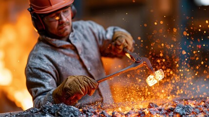 Blacksmith in protective gear works with glowing hot metal and sparks flying
