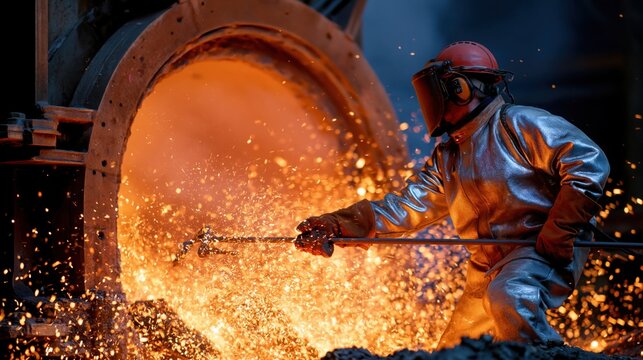 Foundry worker in protective suit handling molten metal with sparks flying