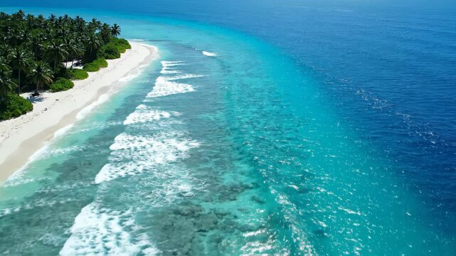 Aerial high angle view of a pristine tropical island beach with white sand, lush green palm trees, and clear turquoise water gradient transitioning into the deep blue ocean.