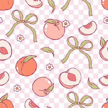 Peach Gingham Seamless Pattern, Fruit Digital Paper Summer Picnic Retro Fabric, Hand Drawn Sweet Peach Fabric File, Fruit Tea Party floral Repeat Vector