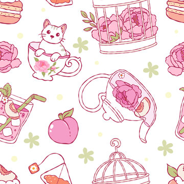 Peach Tea Time Seamless Pattern, Coquette Kitty in Cup Digital Paper, Hand Drawn Summer Picnic Retro Fabric, Fruit Tea Party floral Repeat Vector