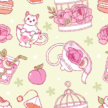 Peach Tea Time Seamless Pattern, Coquette Kitty in Cup Digital Paper, Hand Drawn Summer Picnic Retro Fabric, Fruit Tea Party floral Repeat Vector