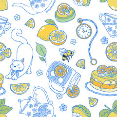Obraz premium Lemon Tea Time Seamless Pattern, Coquette Kitty Digital Paper, Hand Drawn Summer Picnic Retro Fabric, Fruit Tea Party Hydrangea Flower Repeat Vector