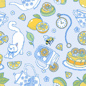 Lemon Tea Time Seamless Pattern, Coquette Kitty Digital Paper, Hand Drawn Summer Picnic Retro Fabric, Fruit Tea Party Hydrangea Flower Repeat Vector