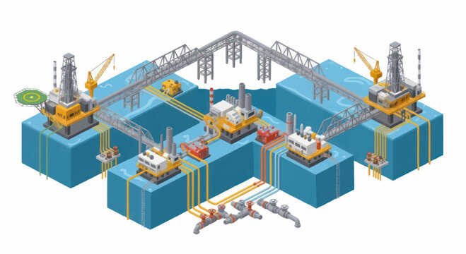 Offshore oil rig platform complex with multiple drilling towers and connecting bridges.