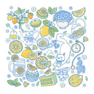 Lemon Tea Time, Hand Drawn Tea Party, Wedding Invitation Graphics, It's Tea Time, Hydrangea Flower Tea Set Hand Drawn Design Vector