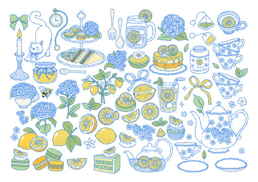 Lemon Tea Time, Hand Drawn Tea Party, Wedding Invitation Graphics, It's Tea Time, Hydrangea Flower Tea Set Hand Drawn Design Vector