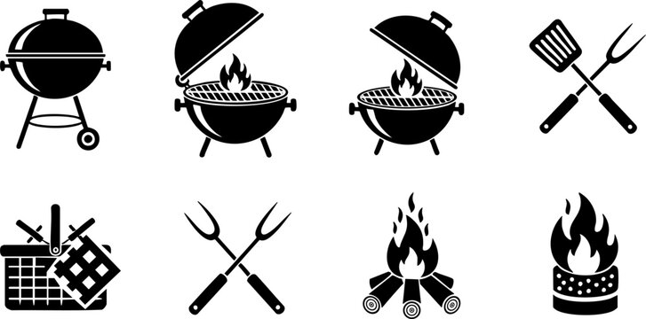 Black silhouette icons of barbecue equipment picnic grill tools camping campfire fire food cooking utensils collection for summer outdoor kitchen activity.