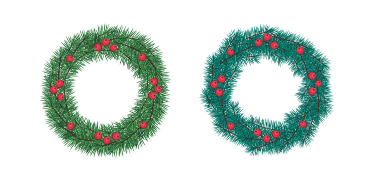 Christmas wreaths vector set with pine and fir branches. Red viburnum berries and conifer needles. Blue spruce and green pine holiday greenery Isolated on white background. Happy new year elements