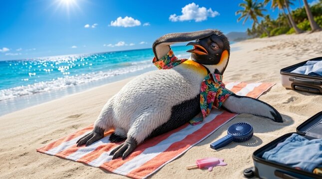 A cartoon penguin touching its head due to extreme heat portrays Vacation stress on a sunny beach, an absurd graphic for tourism blogs.